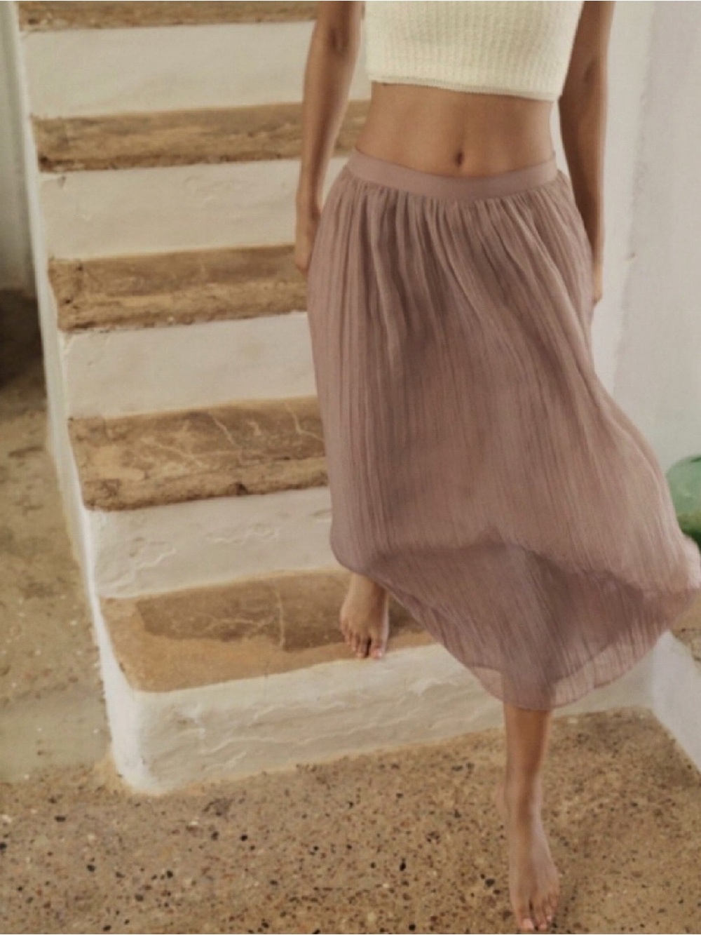 ZARA Taupe Brown Chiffon Style Women's Midi Skirt! 🐚